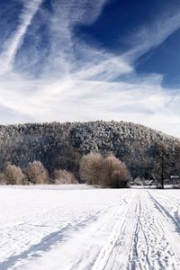 Preview wallpaper road, sky, white, country, frost, traces, trees, ease