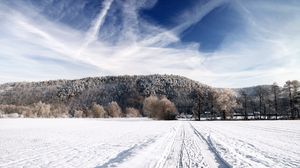 Preview wallpaper road, sky, white, country, frost, traces, trees, ease