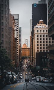 Preview wallpaper road, skyscrapers, buildings, cars, city, markings