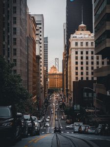 Preview wallpaper road, skyscrapers, buildings, cars, city, markings