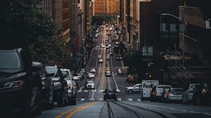 Preview wallpaper road, skyscrapers, buildings, cars, city, markings