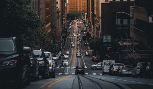 Preview wallpaper road, skyscrapers, buildings, cars, city, markings