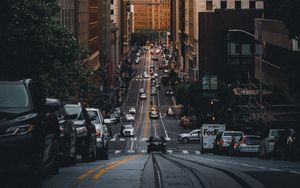 Preview wallpaper road, skyscrapers, buildings, cars, city, markings