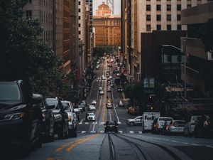 Preview wallpaper road, skyscrapers, buildings, cars, city, markings