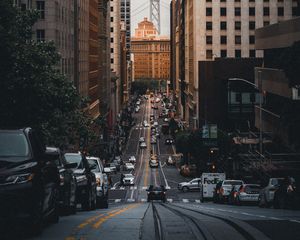 Preview wallpaper road, skyscrapers, buildings, cars, city, markings