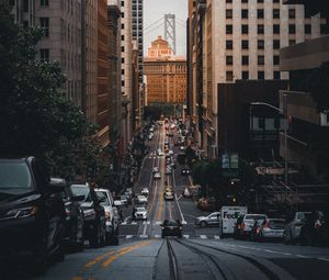 Preview wallpaper road, skyscrapers, buildings, cars, city, markings