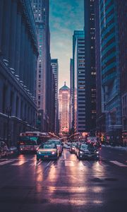 Preview wallpaper road, skyscrapers, cars, marking, metropolis, chicago, usa