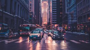 Preview wallpaper road, skyscrapers, cars, marking, metropolis, chicago, usa