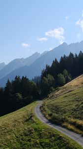 Preview wallpaper road, slope, trees, mountains, landscape, nature