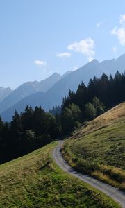 Preview wallpaper road, slope, trees, mountains, landscape, nature
