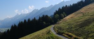 Preview wallpaper road, slope, trees, mountains, landscape, nature