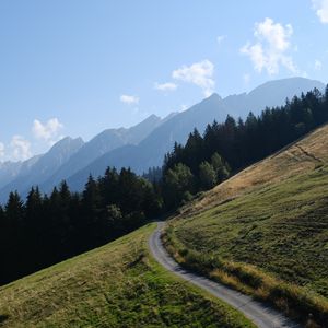 Preview wallpaper road, slope, trees, mountains, landscape, nature