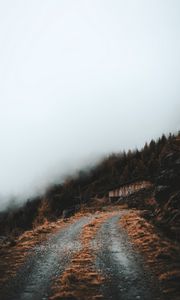 Preview wallpaper road, slope, trees, building, cloud
