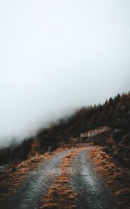 Preview wallpaper road, slope, trees, building, cloud