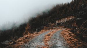 Preview wallpaper road, slope, trees, building, cloud