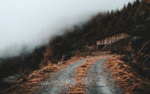 Preview wallpaper road, slope, trees, building, cloud