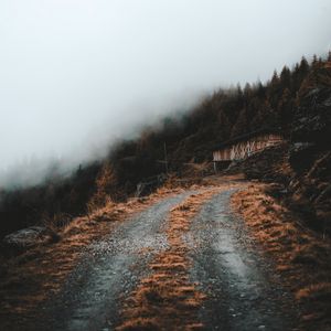 Preview wallpaper road, slope, trees, building, cloud