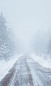 Preview wallpaper road, snow, blizzard, trees, winter