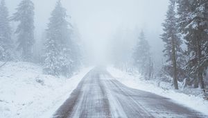 Preview wallpaper road, snow, blizzard, trees, winter