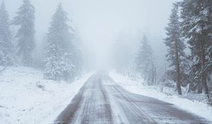 Preview wallpaper road, snow, blizzard, trees, winter