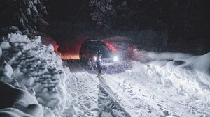 Preview wallpaper road, snow, car, night, winter