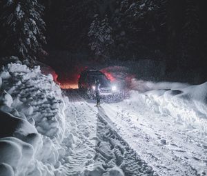 Preview wallpaper road, snow, car, night, winter
