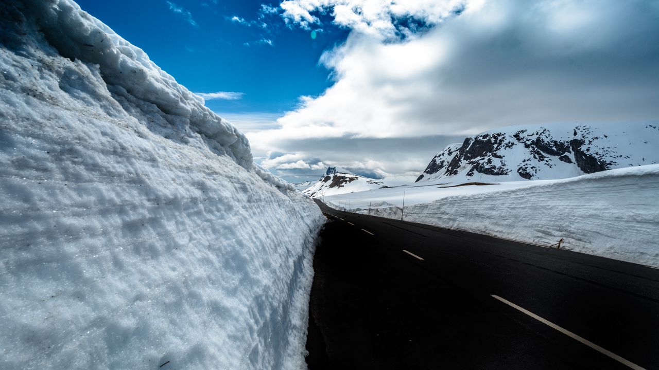 Wallpaper road, snow, mountains, snowdrifts, winter