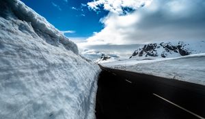 Preview wallpaper road, snow, mountains, snowdrifts, winter