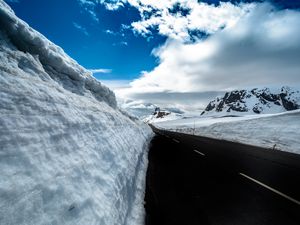 Preview wallpaper road, snow, mountains, snowdrifts, winter