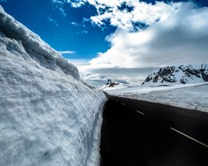 Preview wallpaper road, snow, mountains, snowdrifts, winter