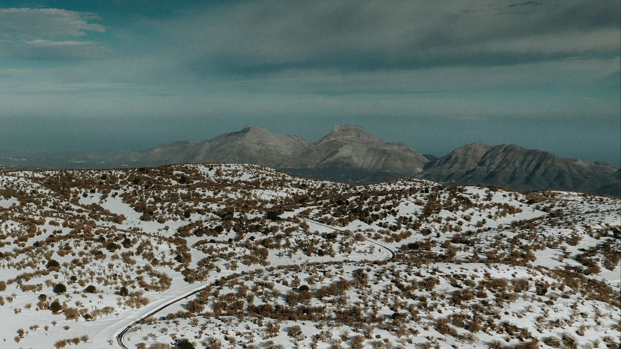 Wallpaper road, snow, mountains, aerial view