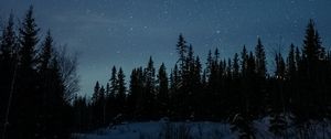 Preview wallpaper road, snow, stars, night, forest, winter