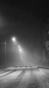 Preview wallpaper road, snow, streetlights, fog, winter, frost, trees