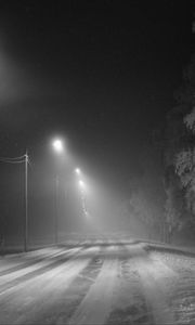 Preview wallpaper road, snow, streetlights, fog, winter, frost, trees