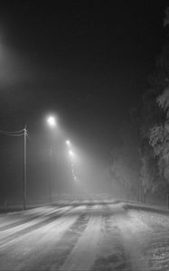 Preview wallpaper road, snow, streetlights, fog, winter, frost, trees