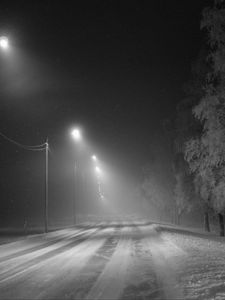 Preview wallpaper road, snow, streetlights, fog, winter, frost, trees