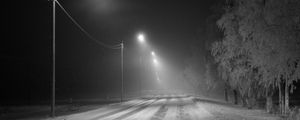 Preview wallpaper road, snow, streetlights, fog, winter, frost, trees