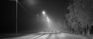 Preview wallpaper road, snow, streetlights, fog, winter, frost, trees