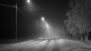Preview wallpaper road, snow, streetlights, fog, winter, frost, trees