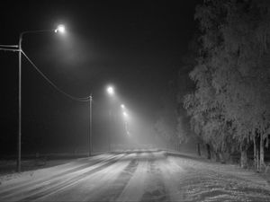 Preview wallpaper road, snow, streetlights, fog, winter, frost, trees
