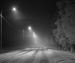 Preview wallpaper road, snow, streetlights, fog, winter, frost, trees