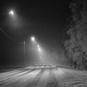 Preview wallpaper road, snow, streetlights, fog, winter, frost, trees