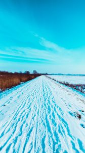 Preview wallpaper road, snow, traces, field, winter, landscape