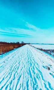 Preview wallpaper road, snow, traces, field, winter, landscape