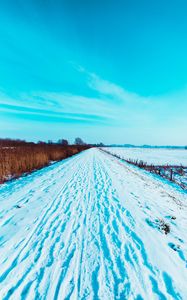 Preview wallpaper road, snow, traces, field, winter, landscape