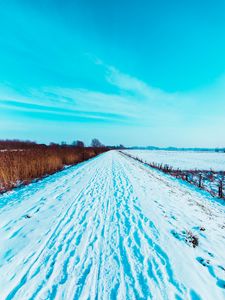 Preview wallpaper road, snow, traces, field, winter, landscape