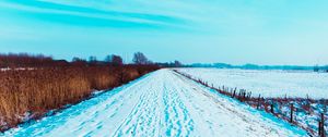 Preview wallpaper road, snow, traces, field, winter, landscape