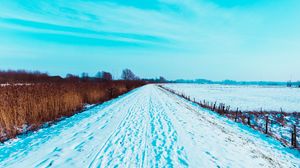 Preview wallpaper road, snow, traces, field, winter, landscape