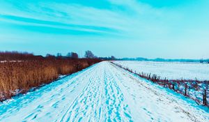 Preview wallpaper road, snow, traces, field, winter, landscape