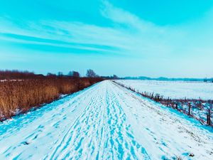 Preview wallpaper road, snow, traces, field, winter, landscape